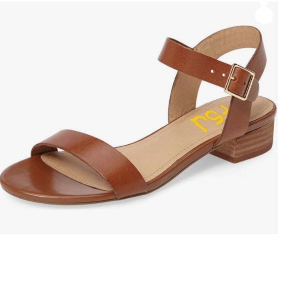 FSJ Brown Open Toe Block Low Heel Ankle Strap Sandals Comfort Summer Shoes